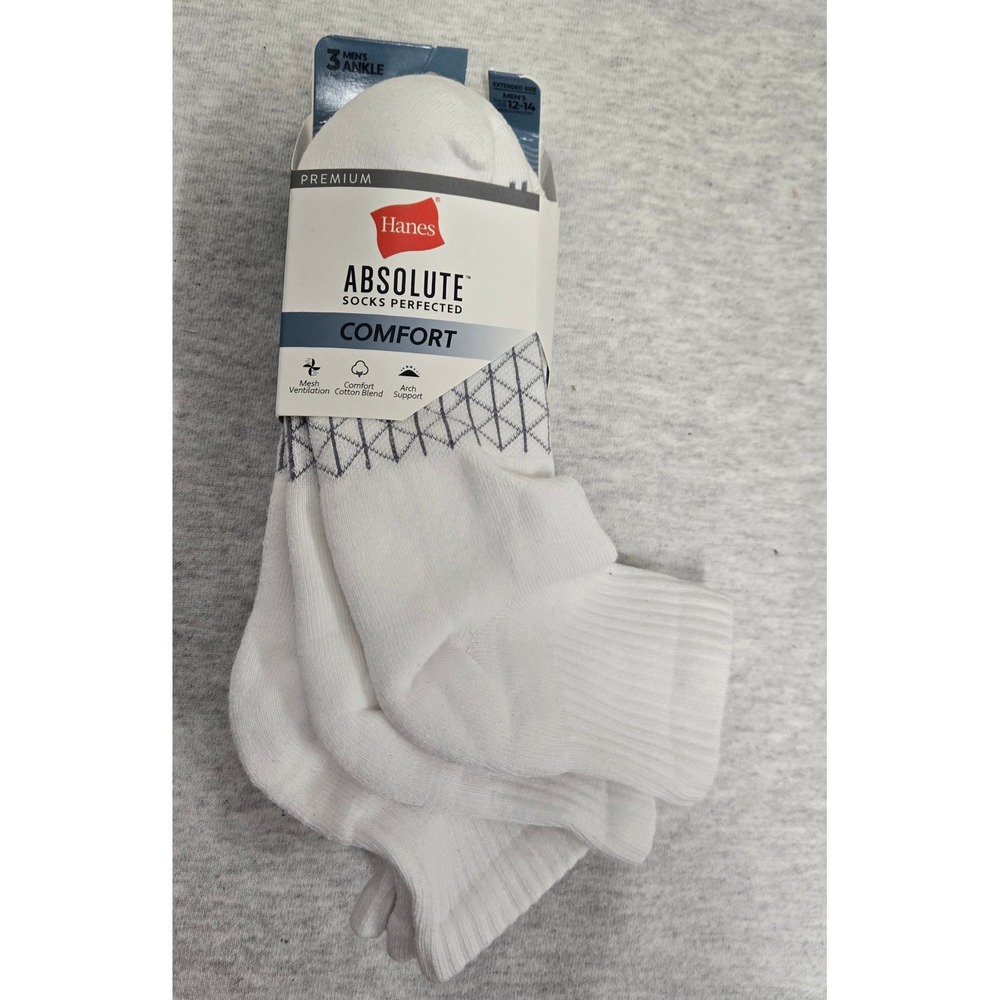 Hanes Absolute Mens Ankle Socks 3 Pair White Grey Extended Size 12-14 PMABB6